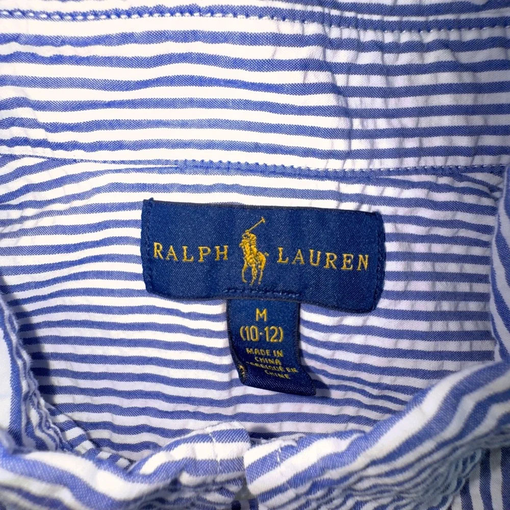 Ralph Lauren Button Down Shirt Boys M 10-12 Blue White Striped Seersucker Pony